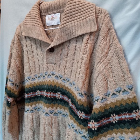 Vintage 1970's Jantzen Collared Single Button Sweater Fair Isle Nordic XL T-347 - Picture 6 of 13